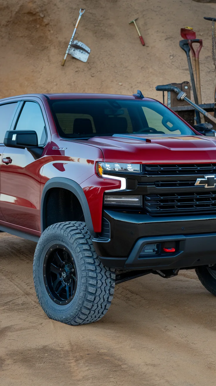 Bold Red Trail Boss Silverado with Heavy-Duty Mud Tires