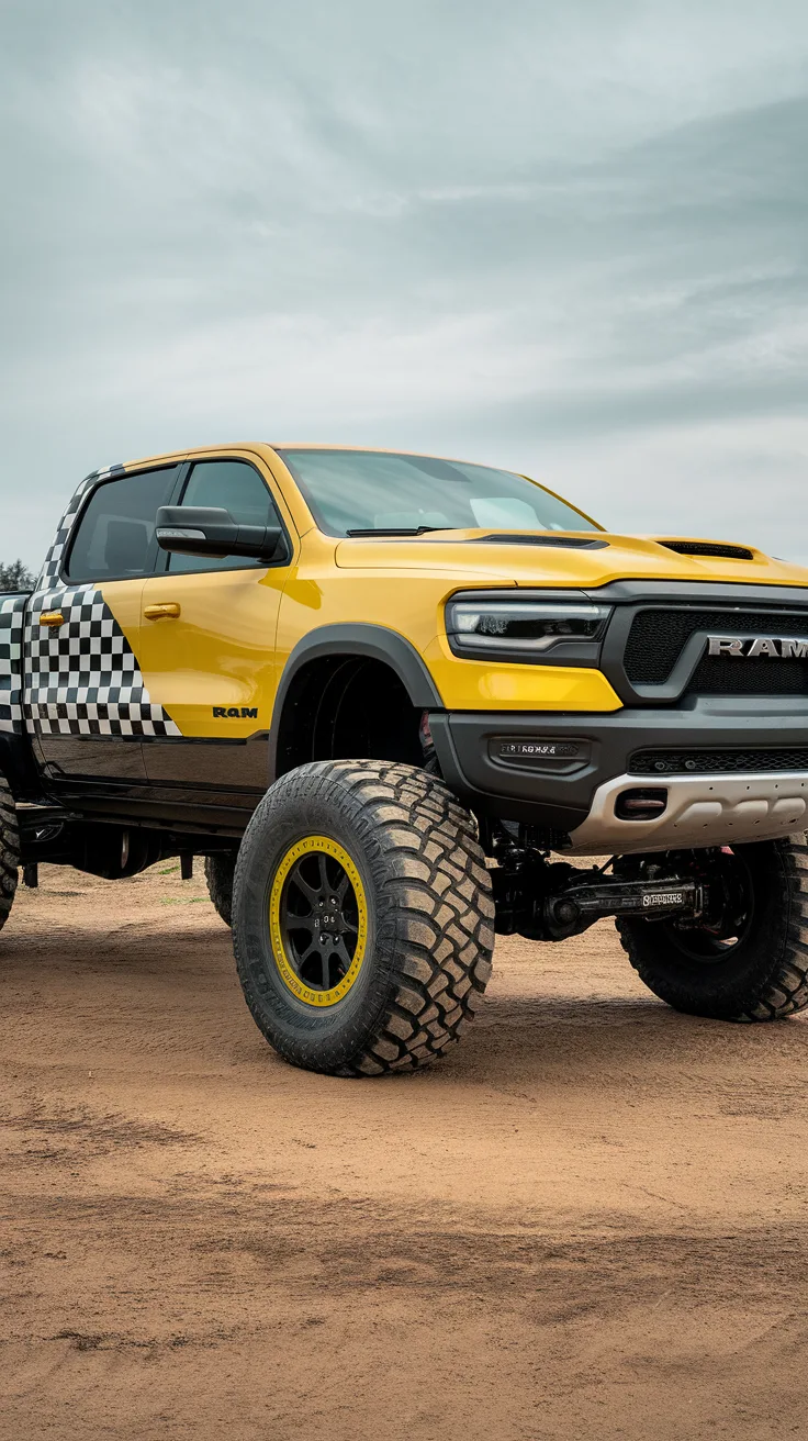 Bright Yellow RAM with Checkerboard Design and Massive Tires