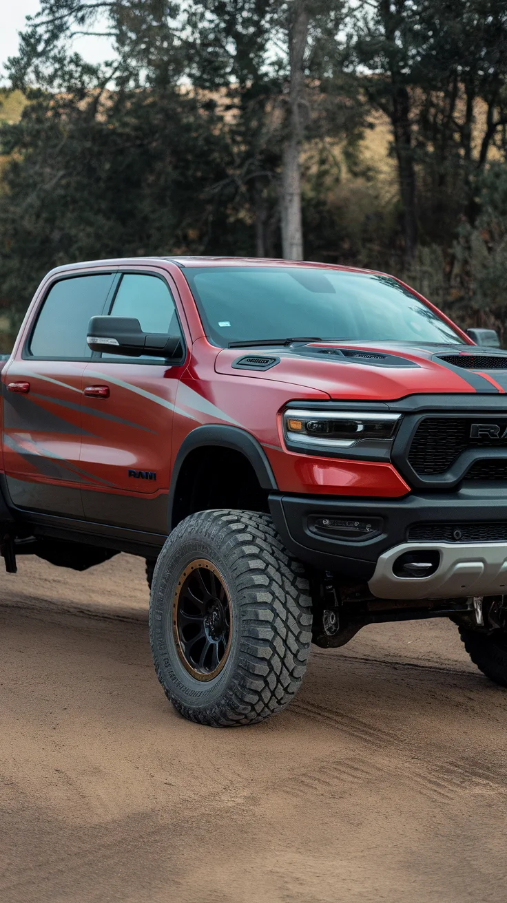 Fiery Red RAM with Racing Stripes and Heavy-Duty Lift