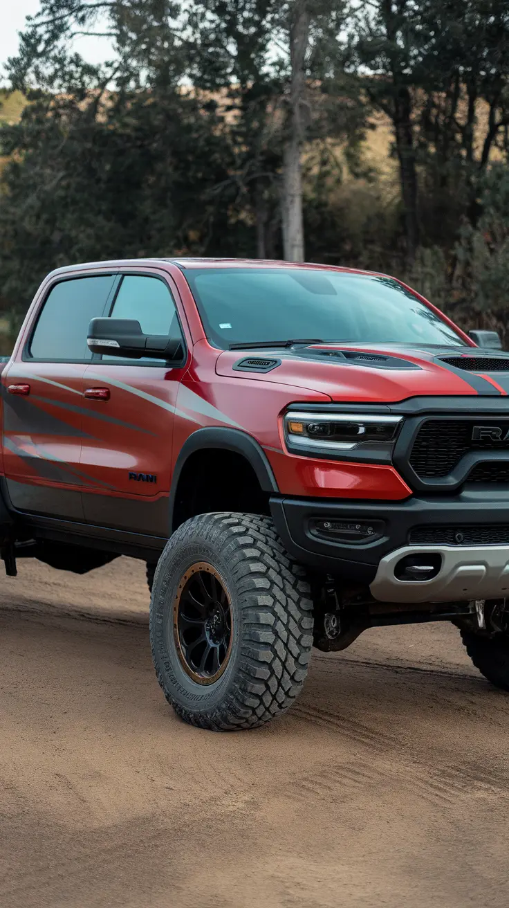 Fiery Red RAM with Racing Stripes and Heavy-Duty Lift