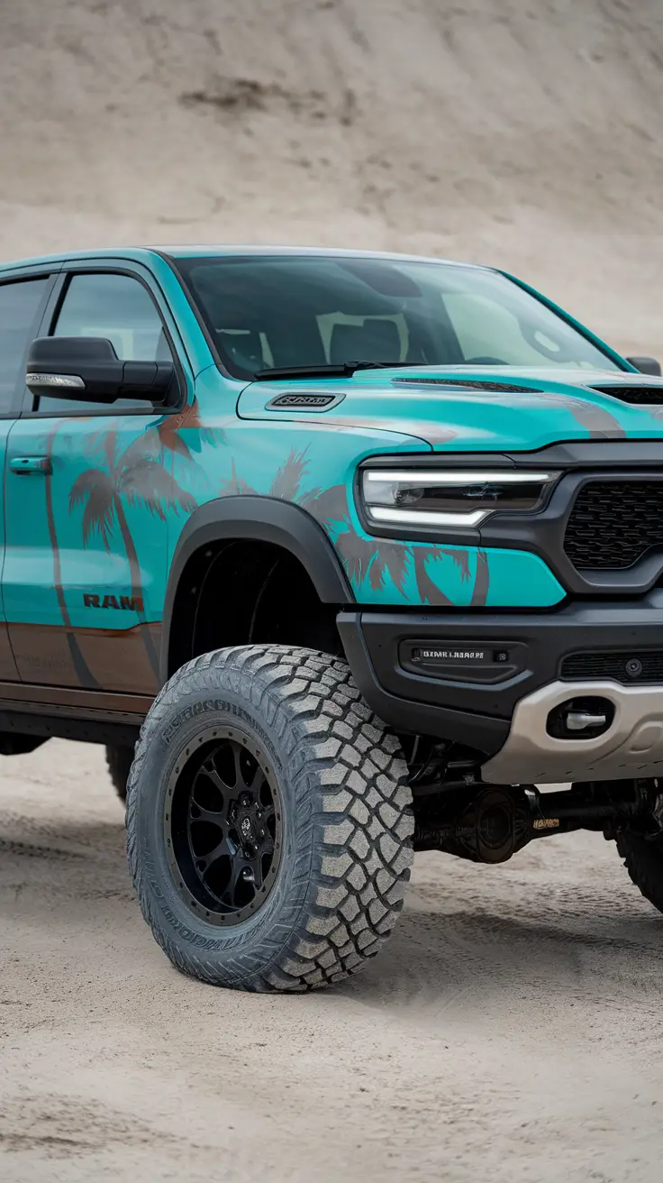 Tropical Teal RAM with Palm Tree Motif and All-Terrain Tires