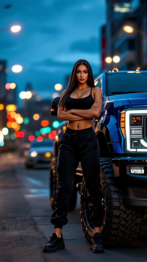 A model stands next to a custom truck in a city setting with colorful lights.